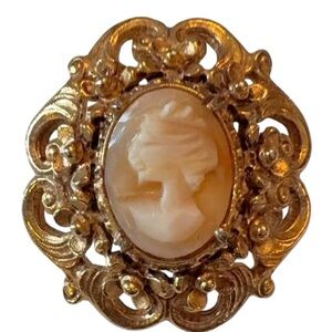 Vintage Florenza Antique Styled Shell Cameo Convertible Brooch Pendant Gold Tone